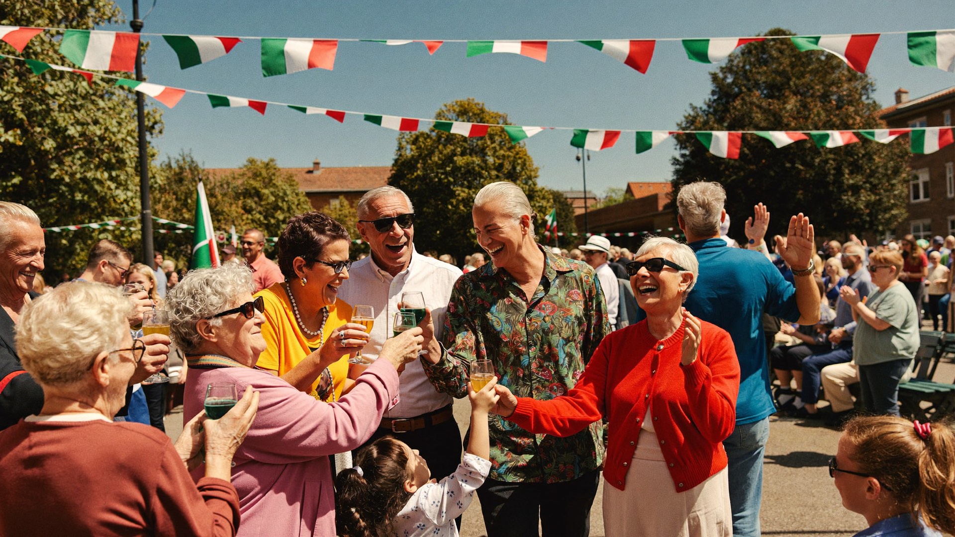Soci di tutte le età festeggiano a un evento di comunità in una piazza italiana, tra bandiere tricolori