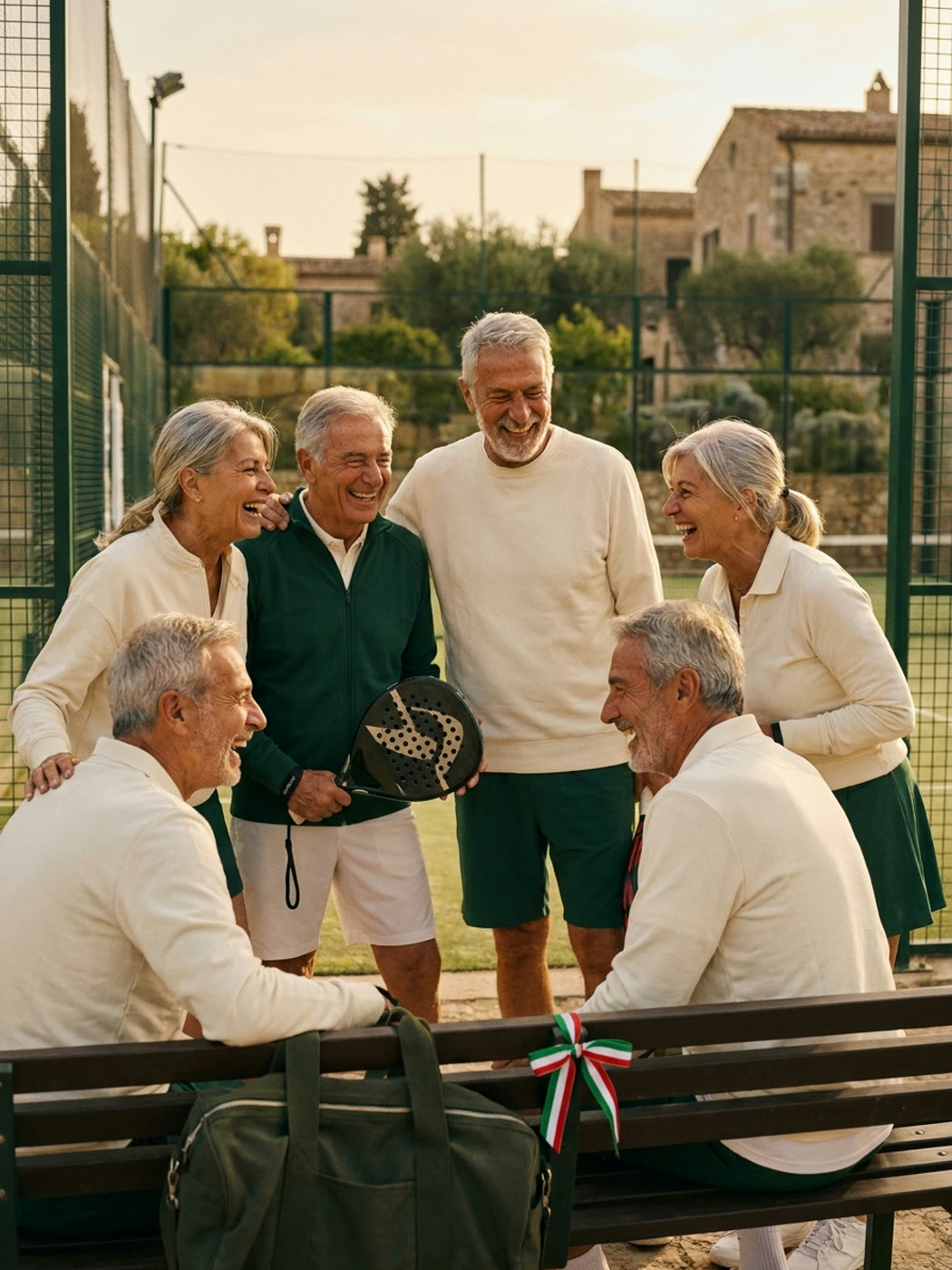 Un gruppo di soci maturi ride insieme dopo una partita di padel al tramonto, davanti a un borgo italiano